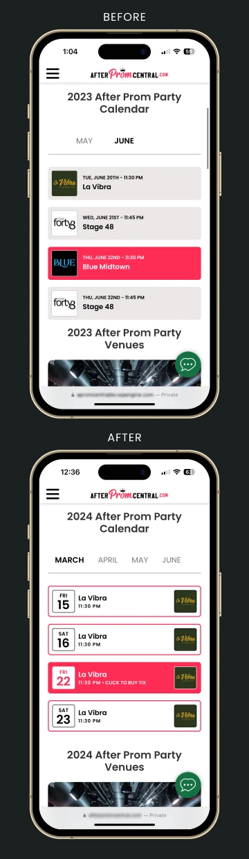 Before and after of mobile view of Homepage Calendar, tabbed monthly