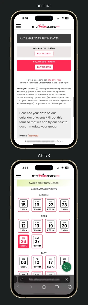 Before and after of mobile view of actual venue page showing improved calendar buttons