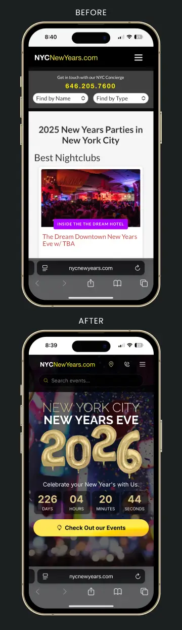 Before and after mobile view of NYCNewYears.com homepage showing improved layout