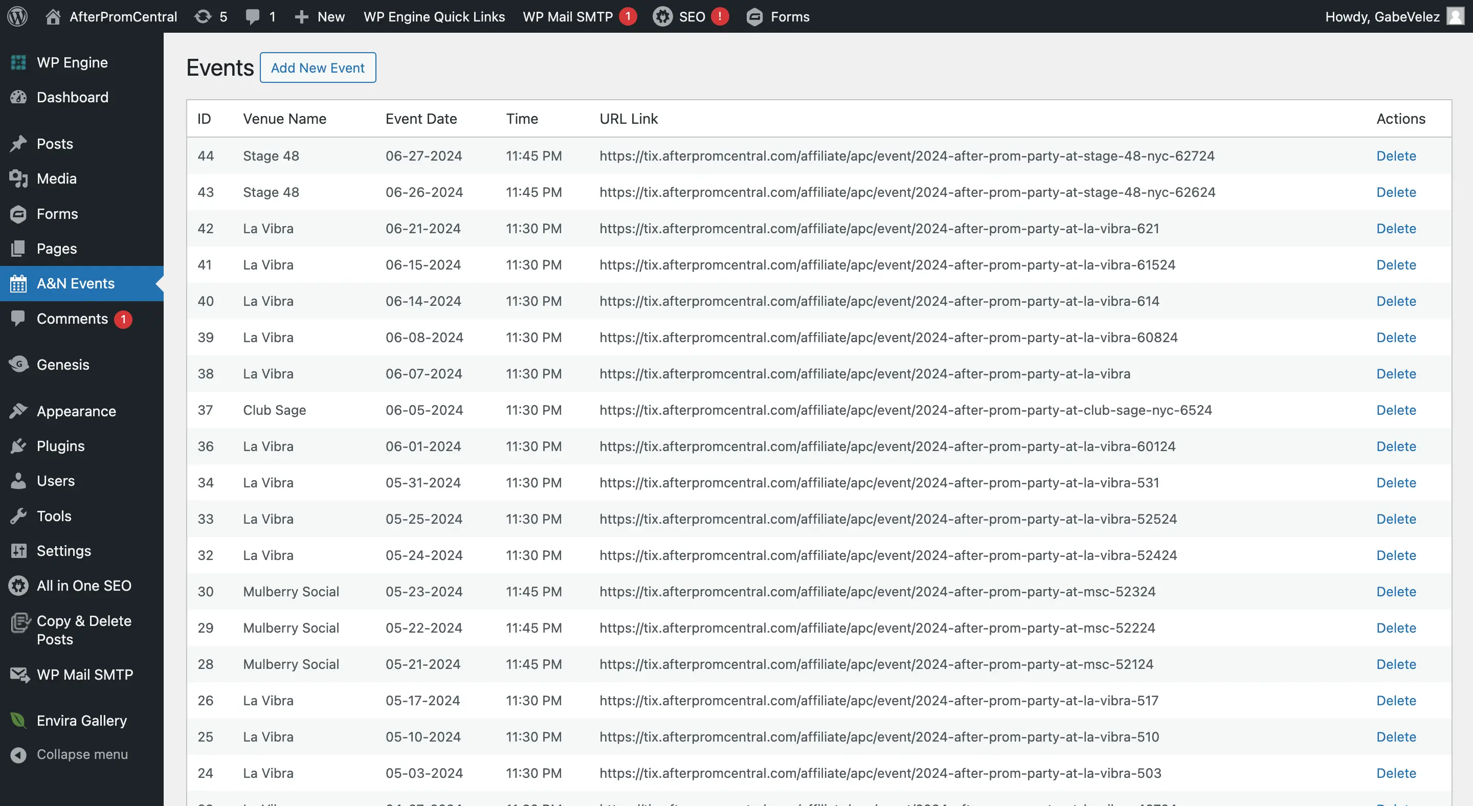 APCE Events backend dashboard with table